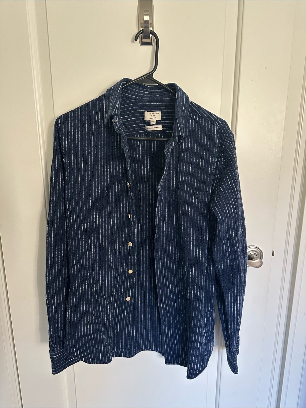 Club Monaco dark blue button-up shirt w/ white stripes